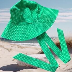 🆕Bright Green Checkered Sun Hat with Ties